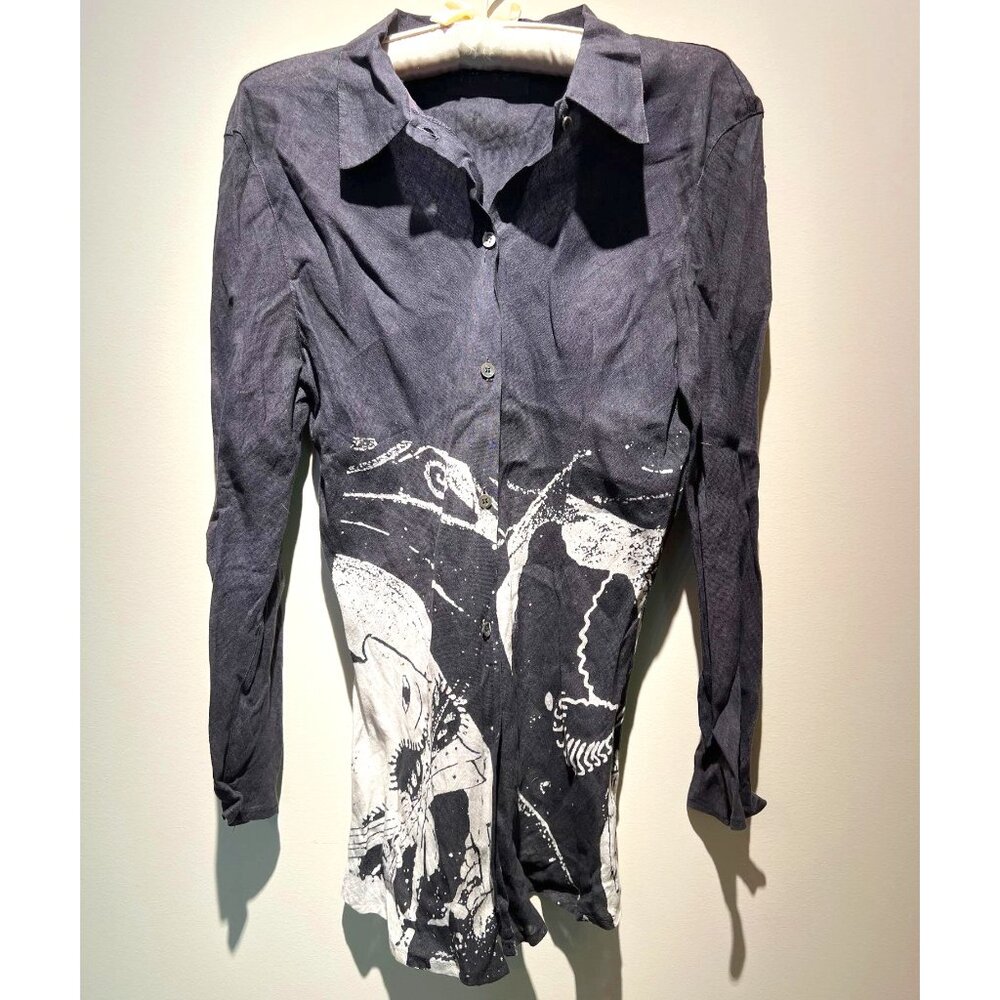 Jagoda Kunya Black Hand Painted 100% Linen Blouse, Used; Good, Made in Italy